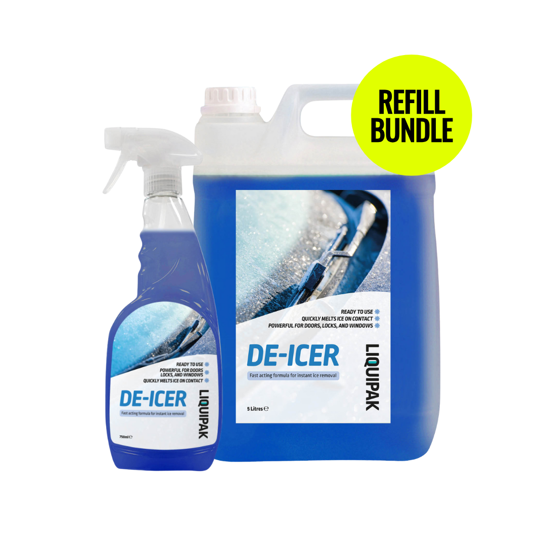 Liquipak De-icer spray bottle and refillable container with 'Refill Bundle' label on a white background 5L + 750ml