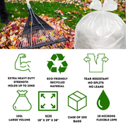 Leaf cleaning tools and features of eco-friendly trash bags with icons and text.