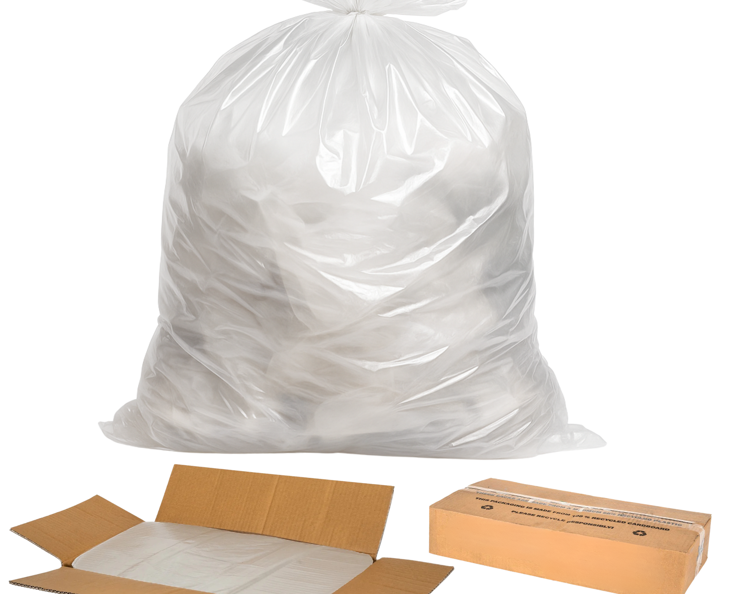 Clear plastic bag over an open cardboard box with bubble wrap inside on a white background | Liquipak