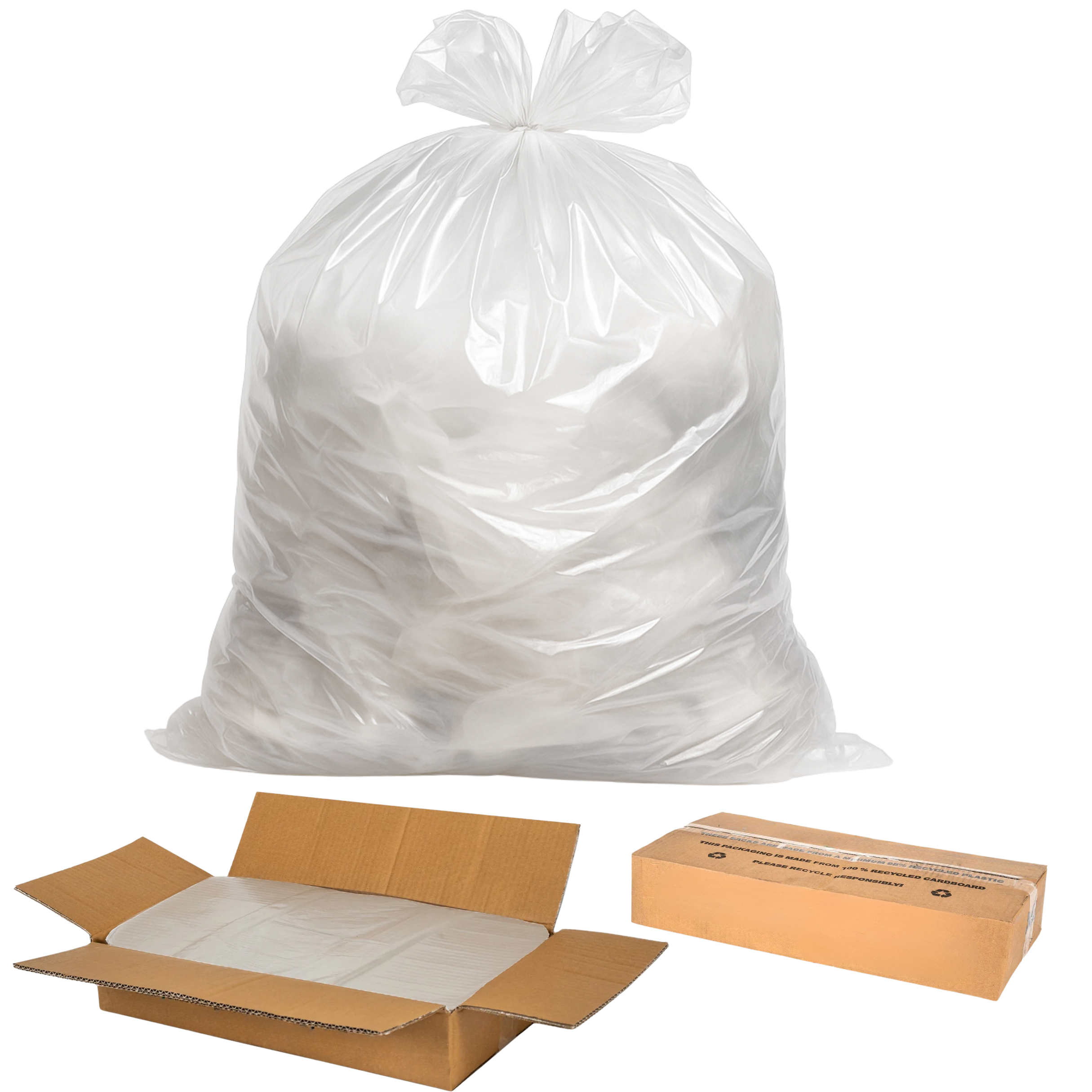 Clear plastic bag over an open cardboard box with bubble wrap inside on a white background | Liquipak