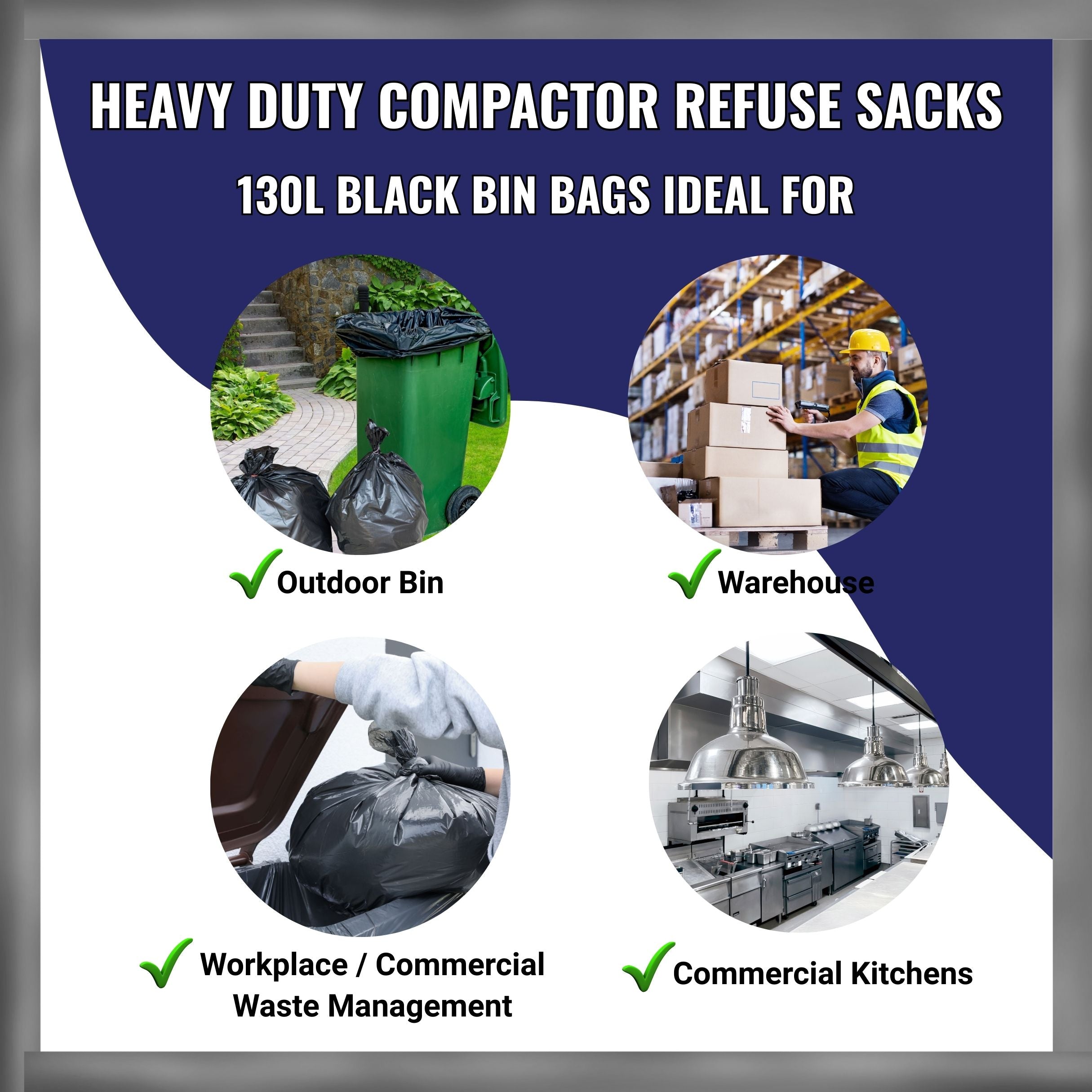 Advertisement for heavy duty compactor refuse sacks with images of outdoor bin, warehouse, workplace, and commercial kitchen usage.