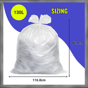 White trash bag with dimensions on a blue and white background | Liquipak