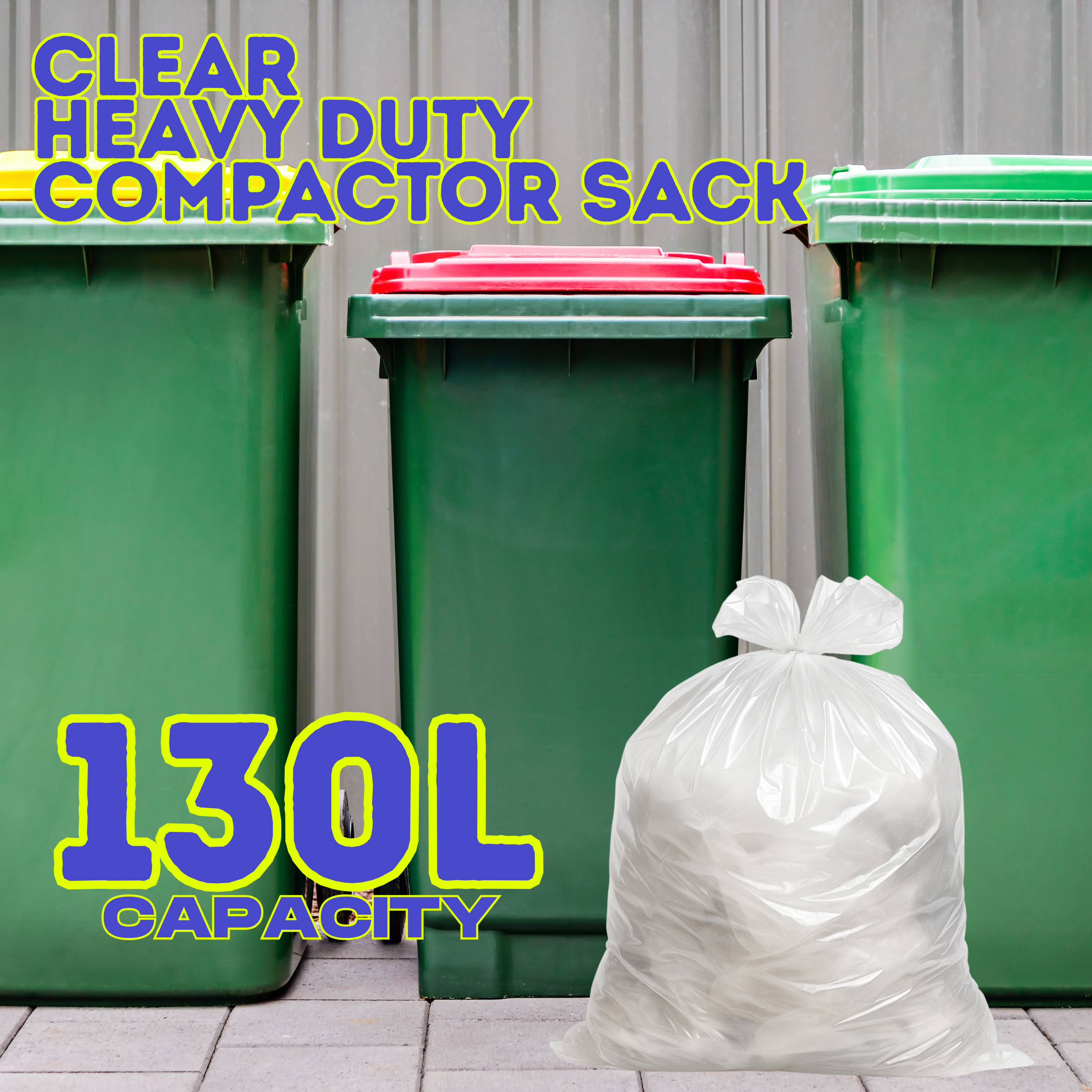 Clear heavy duty compactor sack with text indicating capacity and use case.