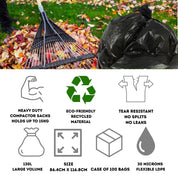 Black trash bag with a rake and leaves, featuring icons and text about product features.