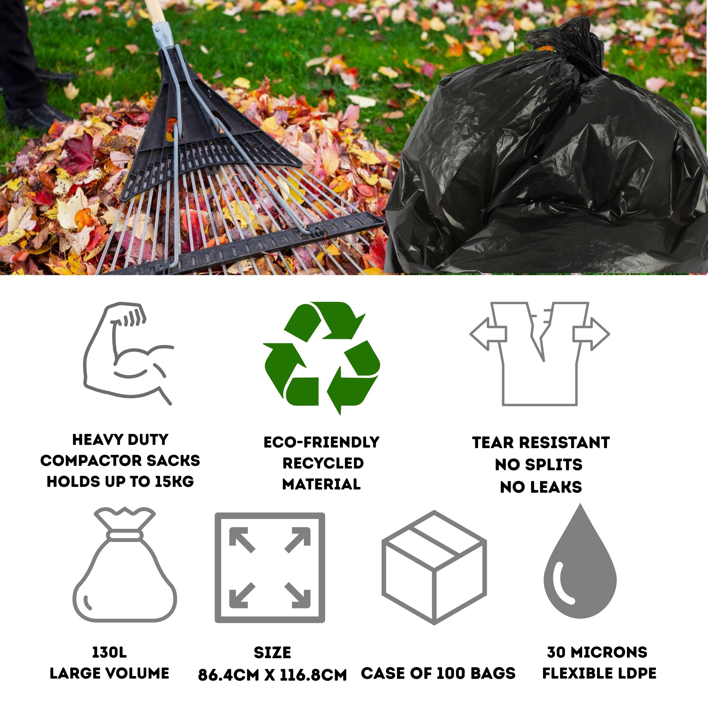 Black trash bag with a rake and leaves, featuring icons and text about product features.