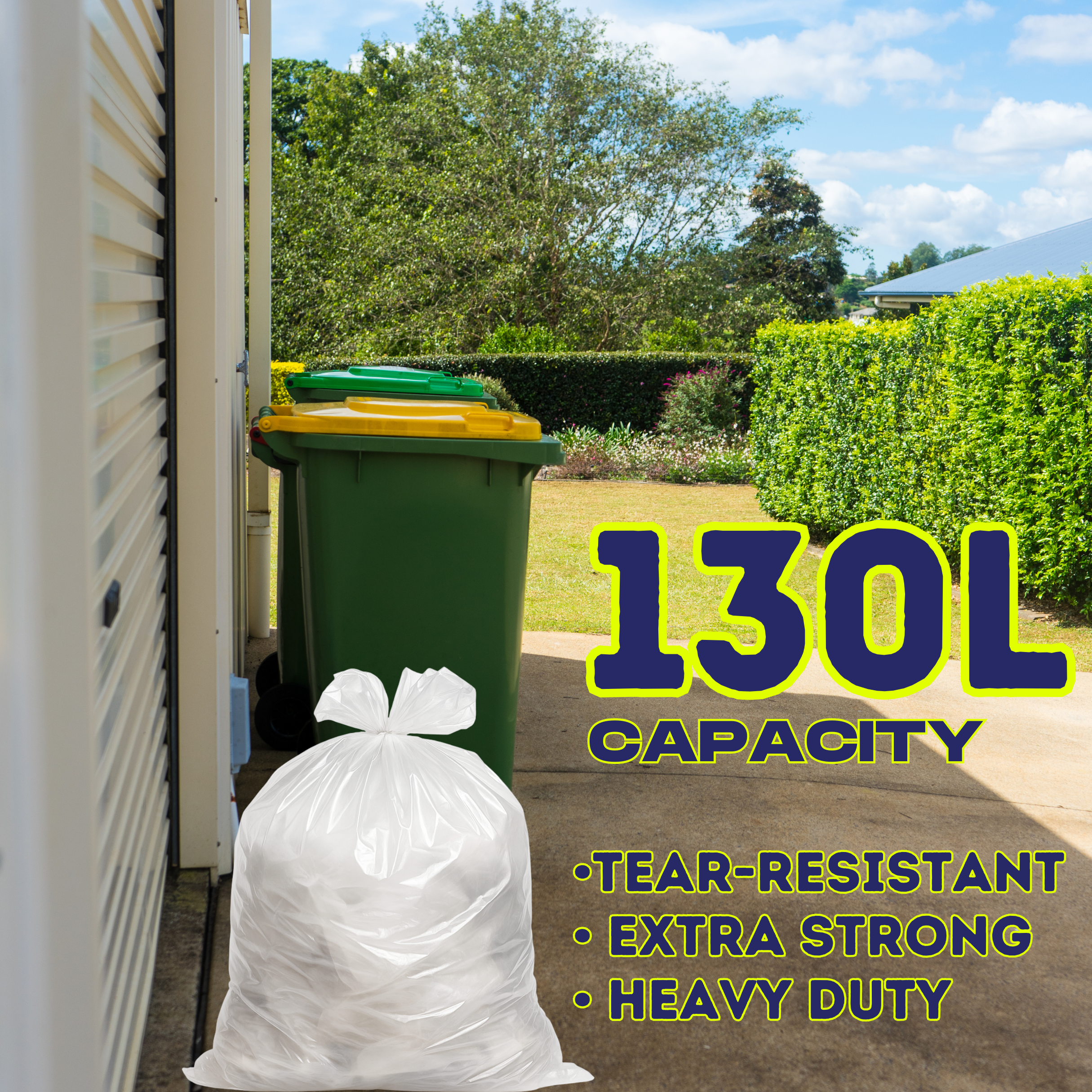 Green trash bin with a white bag labeled '130L Capacity' in a garden setting.