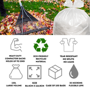 Leaf cleaning tools and features of heavy-duty compactor sacks with icons and text.