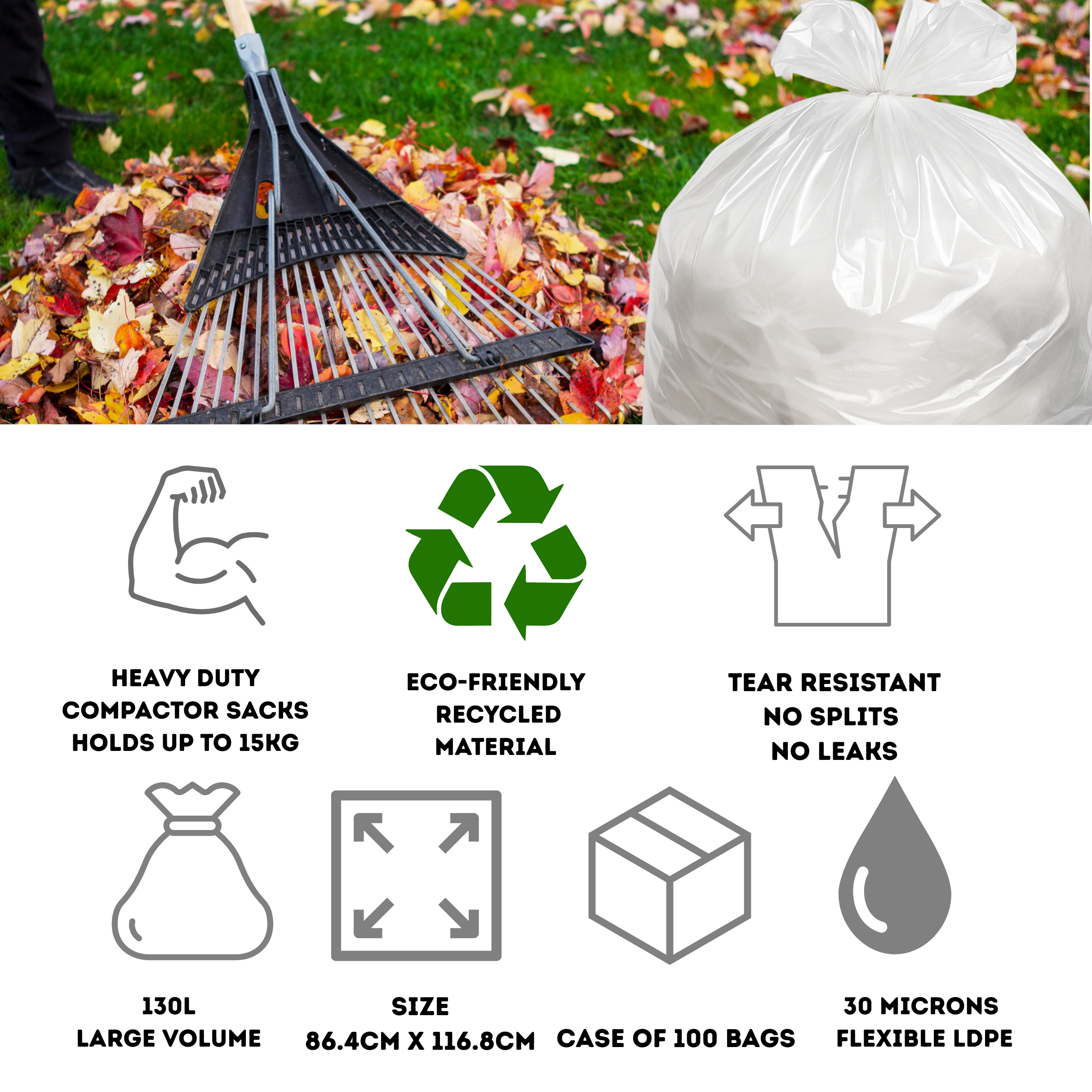 Leaf cleaning tools and features of heavy-duty compactor sacks with icons and text.