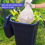 Person holding a bag of light garden waste over a black bin with text about capacity | Liquipak