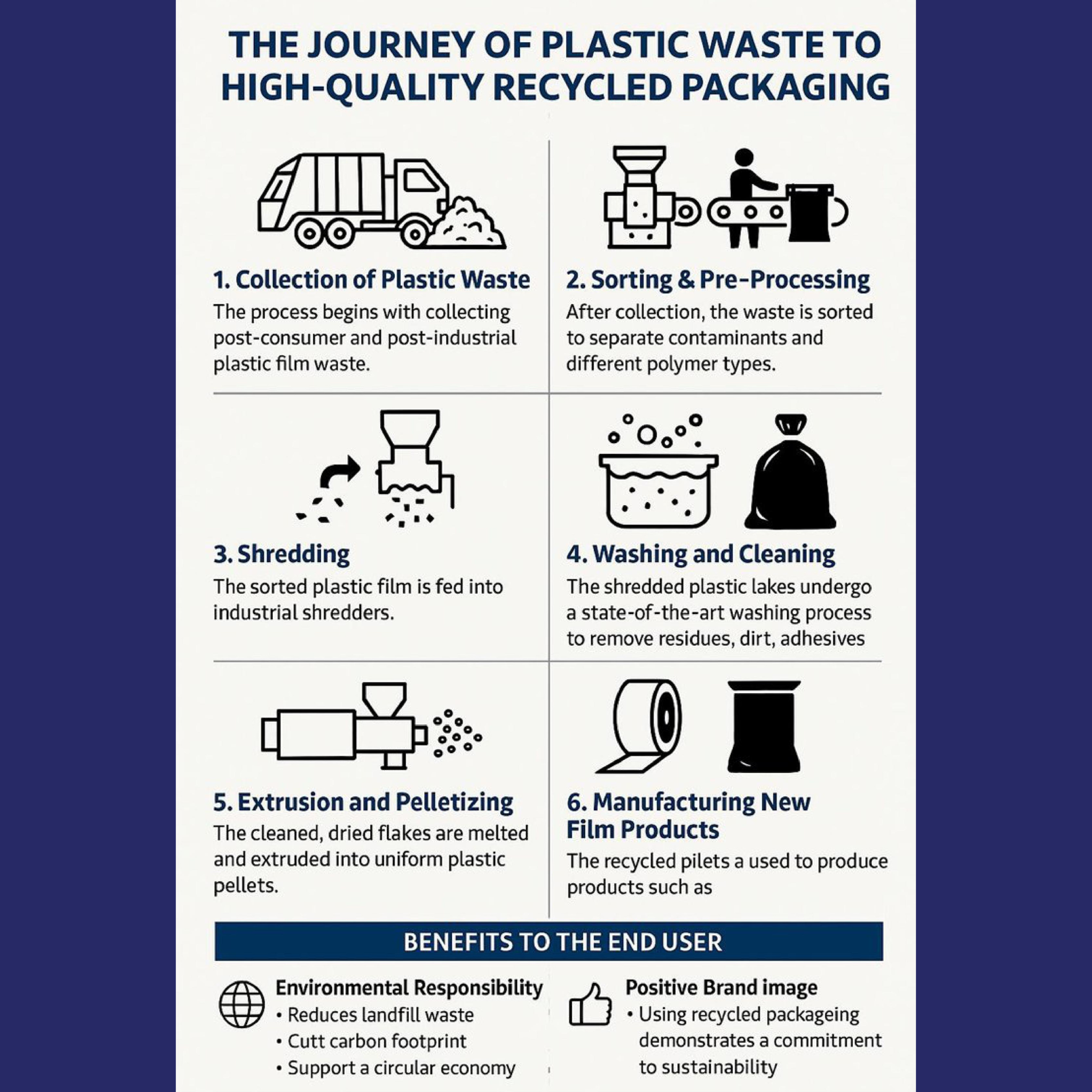 Diagram of the journey of plastic waste to high-quality recycled packaging with icons and text.