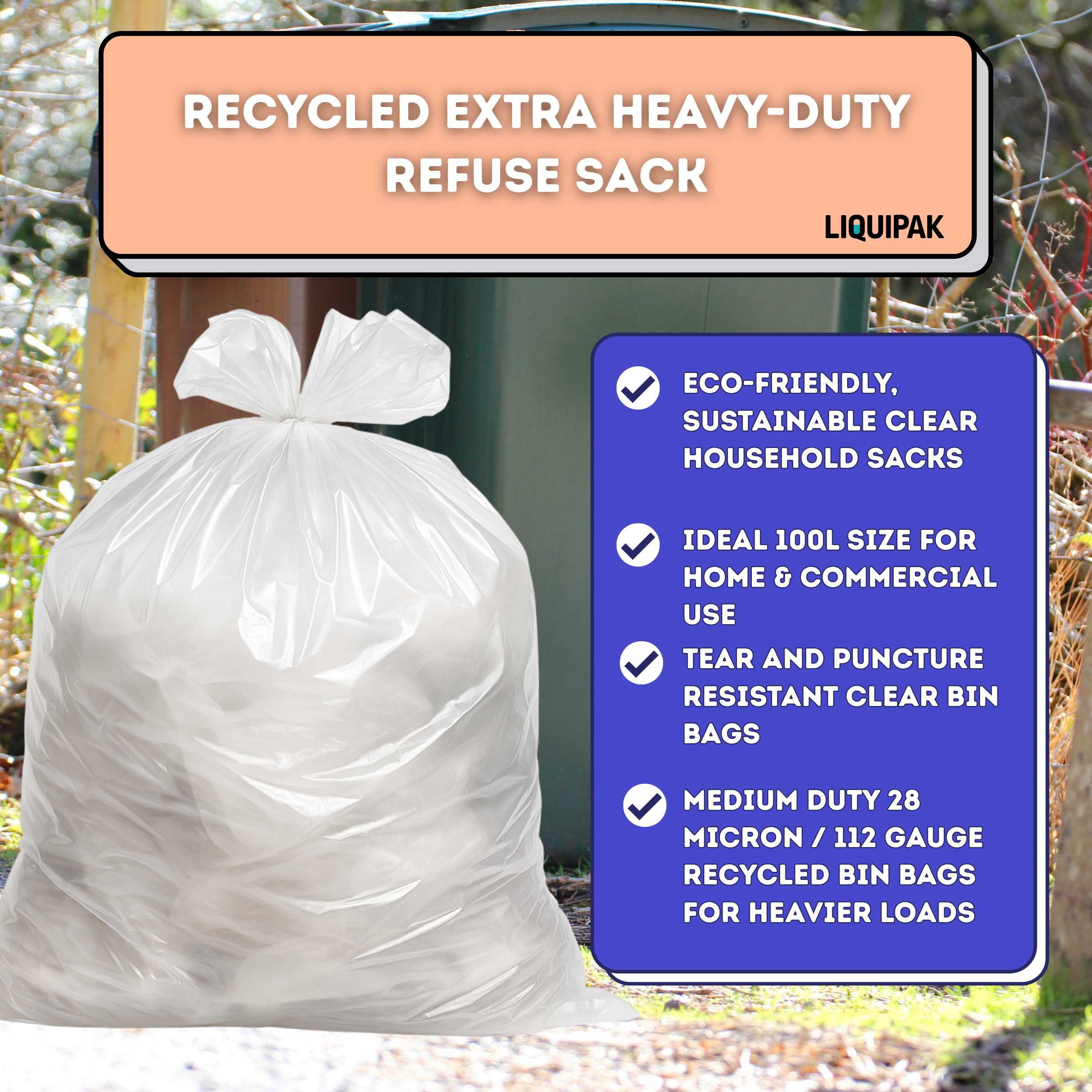 Recycled extra heavy-duty refuse sack with product details on a blue background