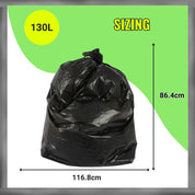 Black trash bag with dimensions on a green and white background