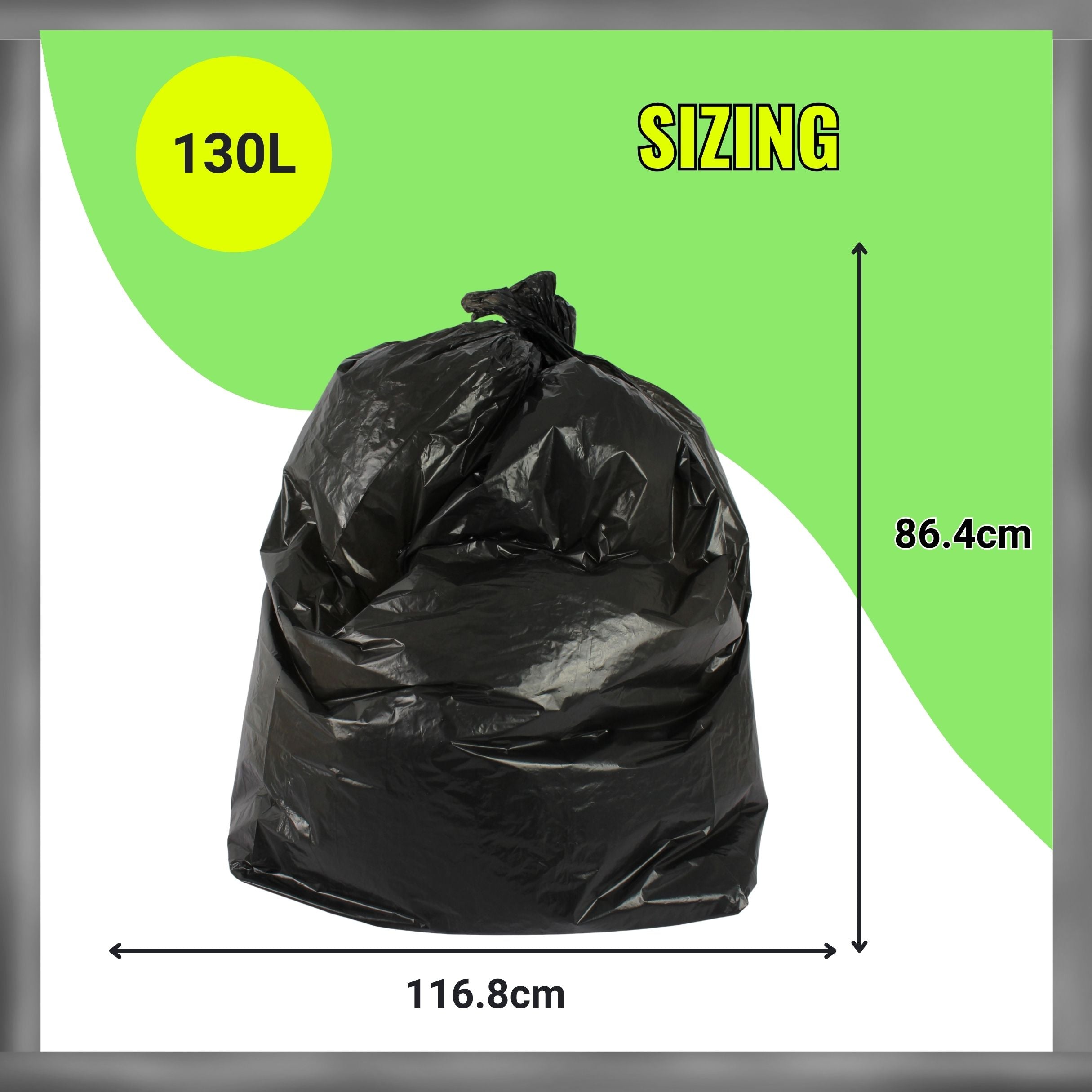 Black trash bag with dimensions on a green and white background