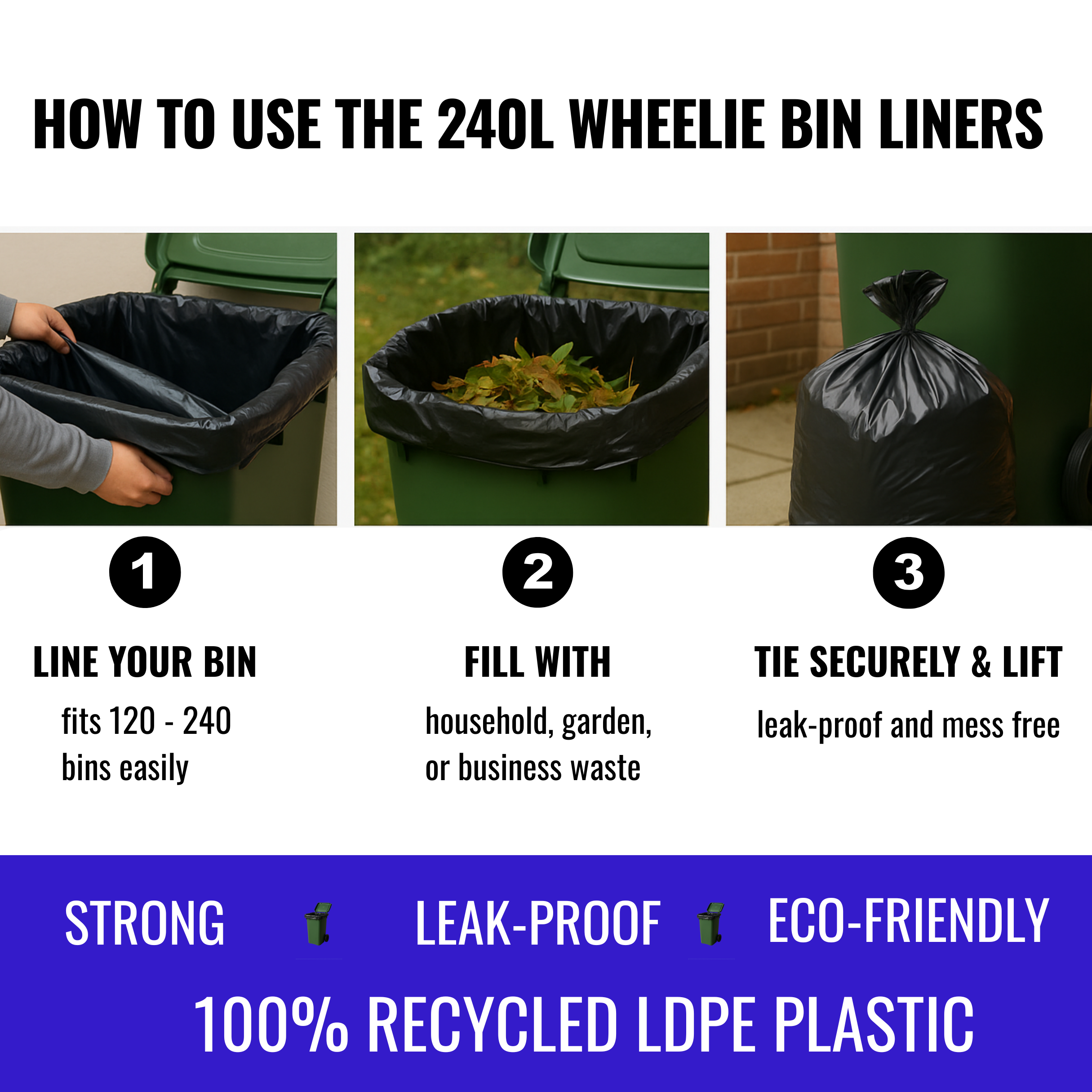 Instructions on how to use 240L wheelie bin liners with images and text | Liquipak