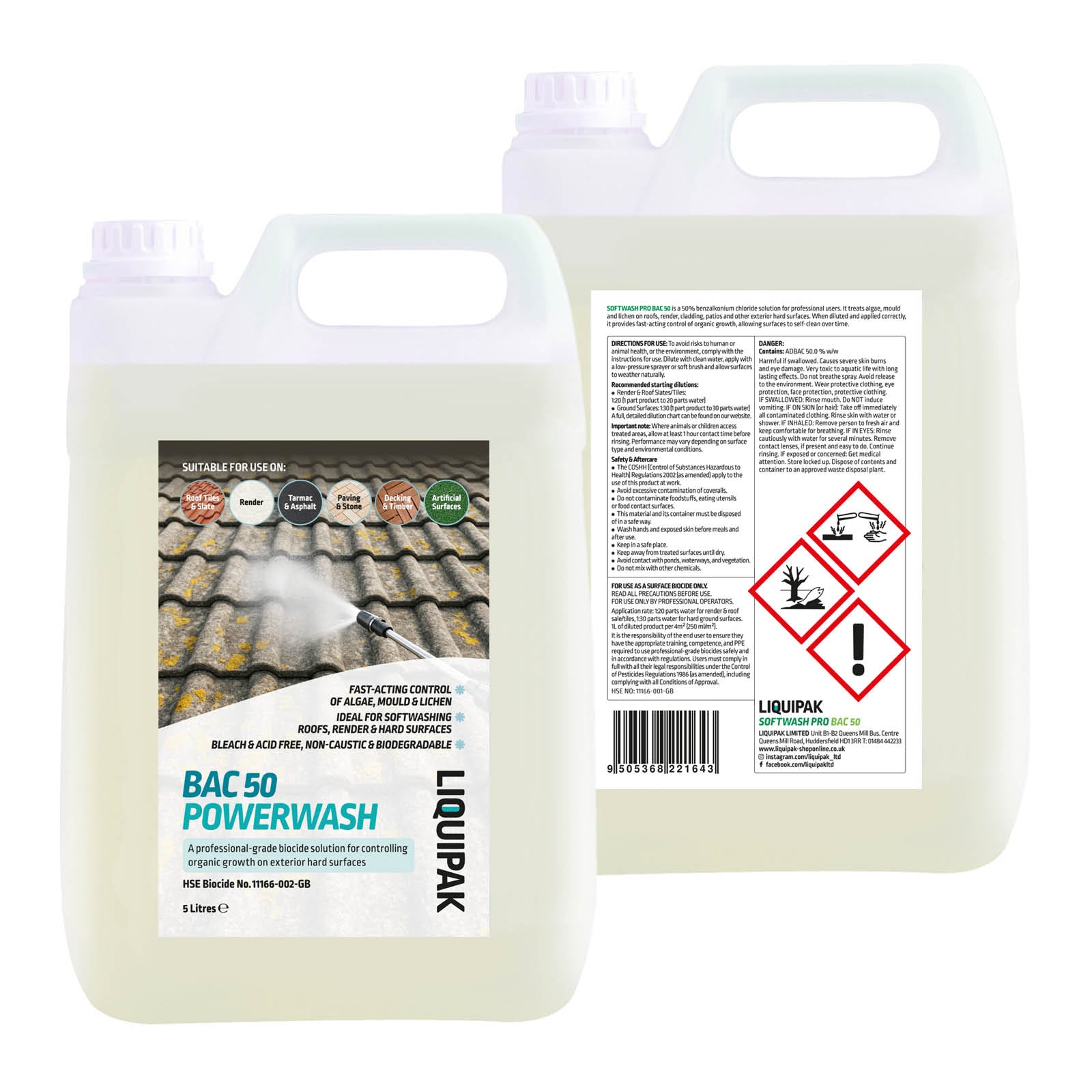 Two containers of BAC 50 Powerwash with labels and warnings on a white background