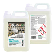 Two containers of BAC 50 Powerwash with labels and warnings on a white background