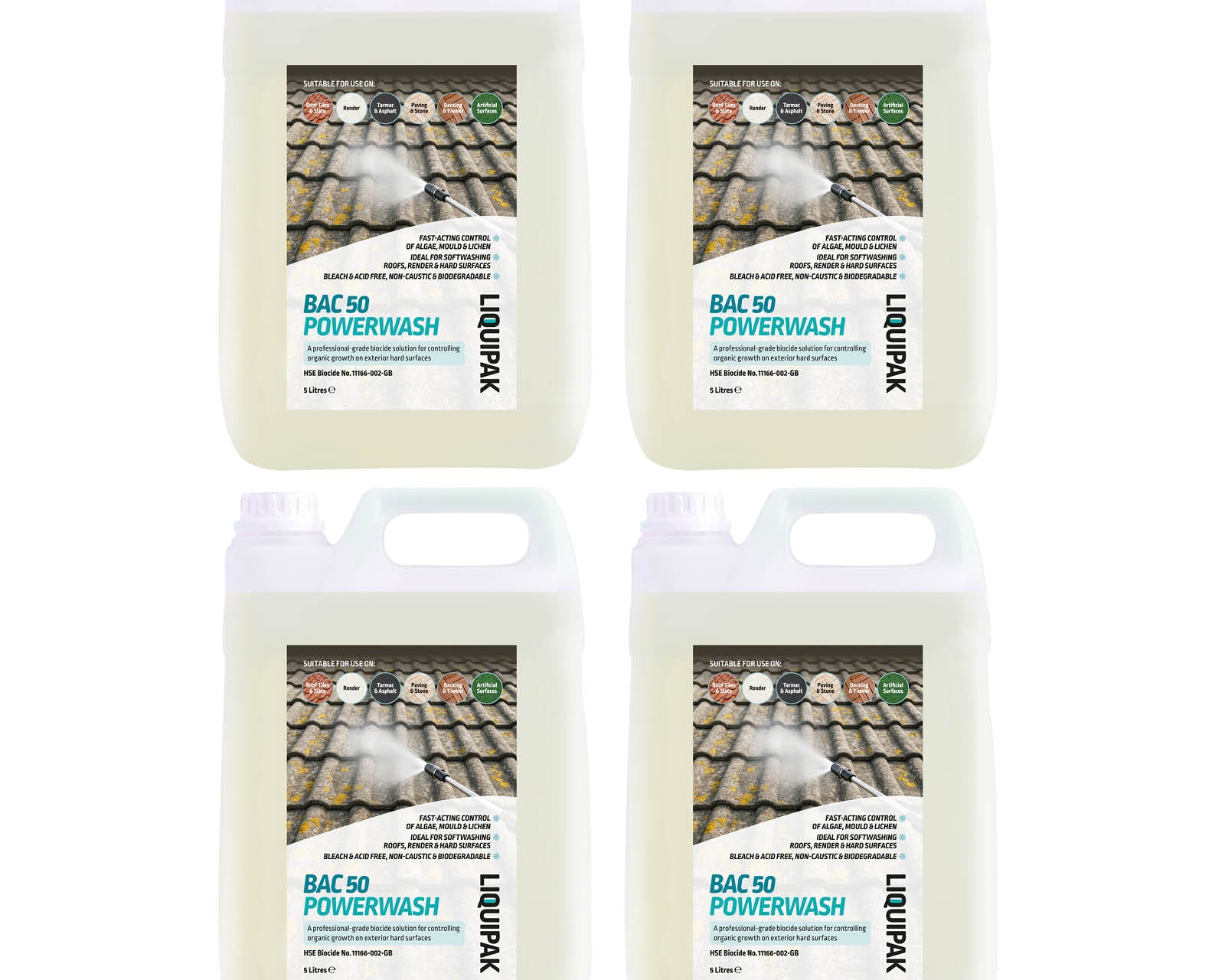 Four containers of 5L BAC 50 Powerwash with labels on a white background | Liquipak