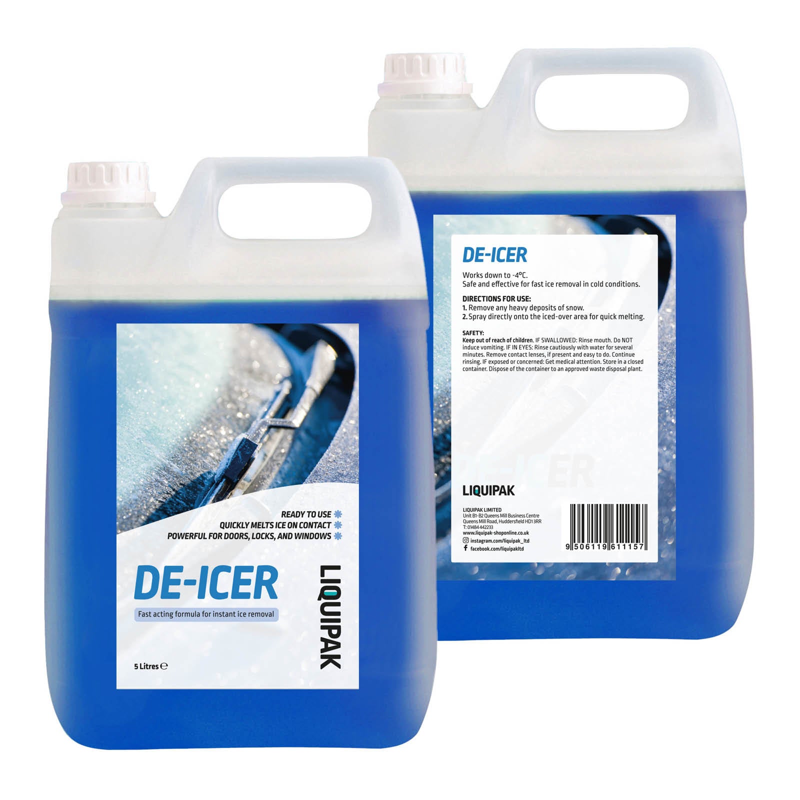Two containers of DE-ICER LIQUIPAK on a white background 10L