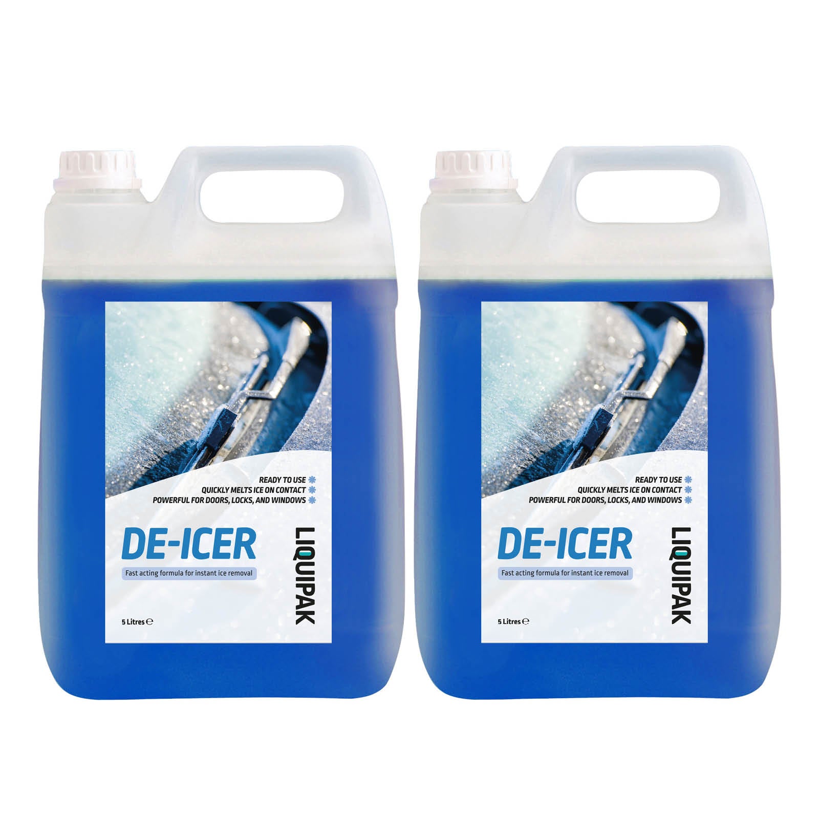 Two containers of Liquipak DE-ICER on a white background | 10L