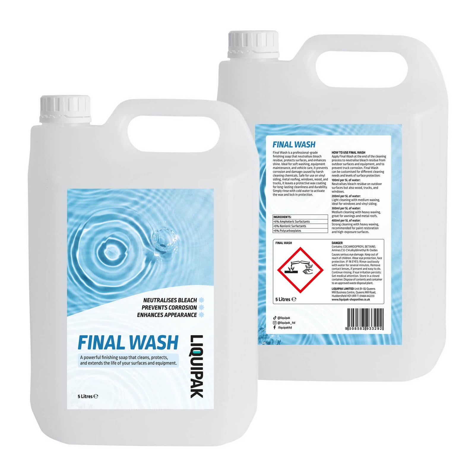 Liquipak Final Wash 20L - Sodium Hypochlorite Bleach Neutraliser - Back Label