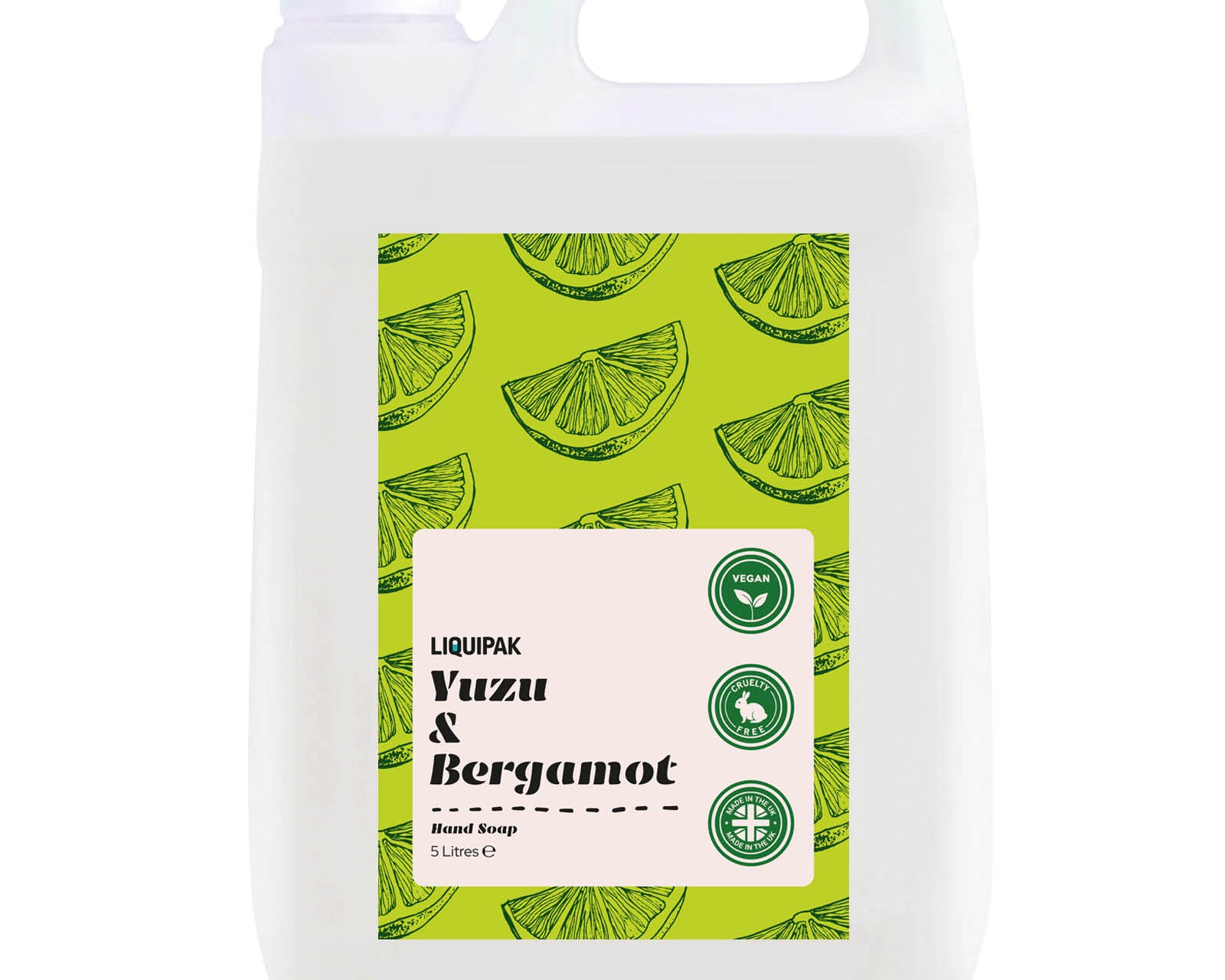 5L container of Yuzu & Bergamot hand soap with green label on a white background | Liquipak