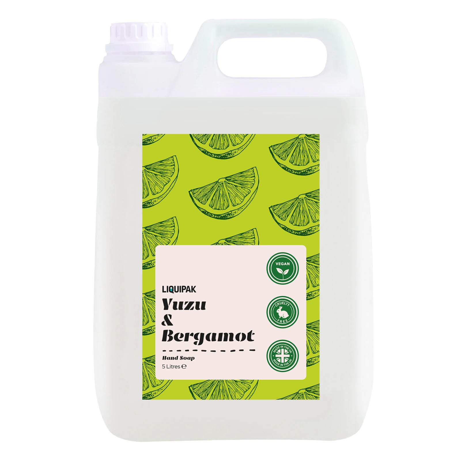 5L container of Yuzu & Bergamot hand soap with green label on a white background | Liquipak