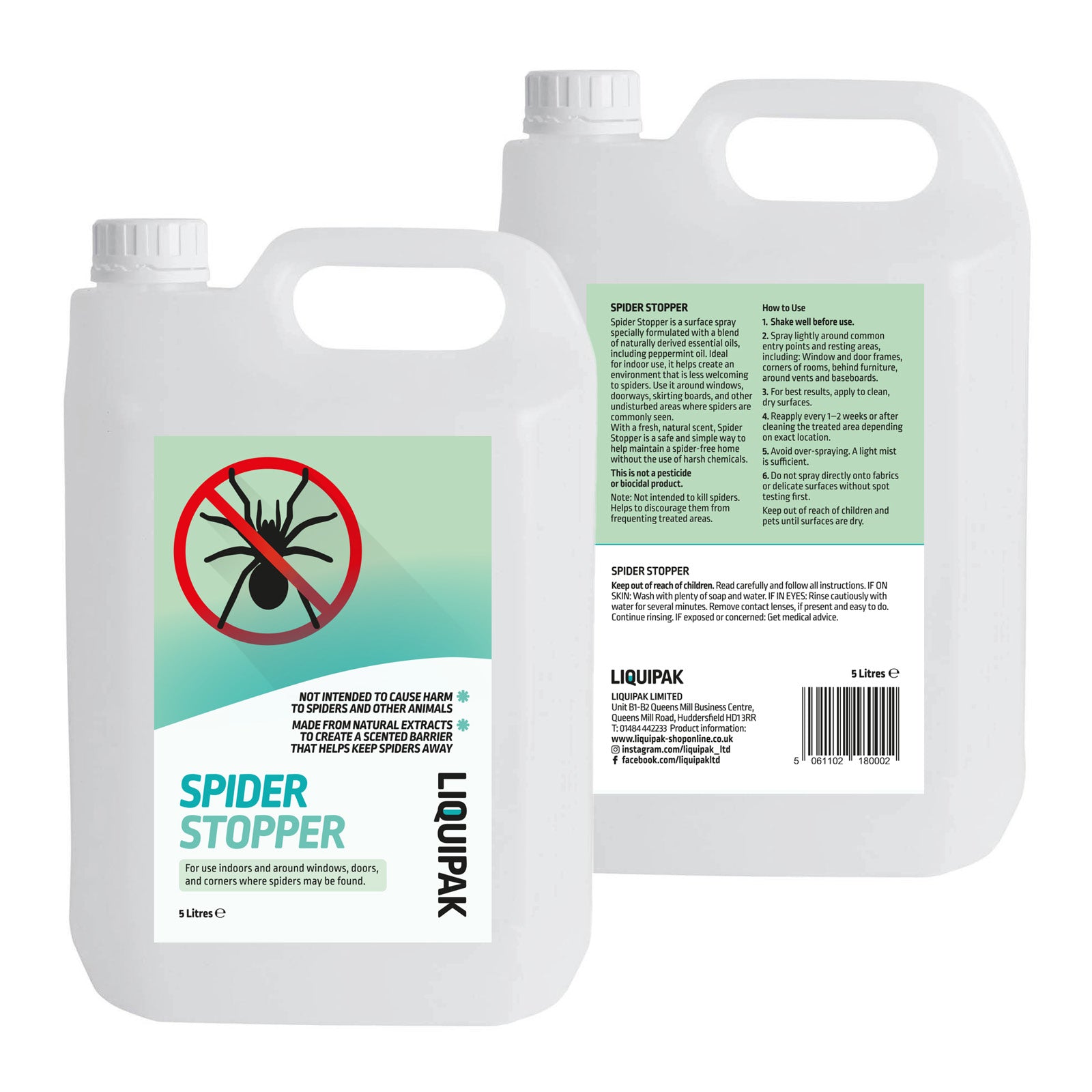 Two white plastic jugs of LIQUIPAK Spider Stopper shown on a plain white background, with one jug displaying the front label and the other showing the back label.
