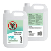 Two white plastic jugs of LIQUIPAK Spider Stopper shown on a plain white background, with one jug displaying the front label and the other showing the back label.