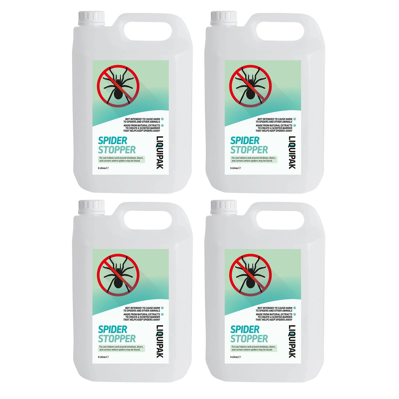 4 x 5L of Liquipak Spider Stopper on a white background
