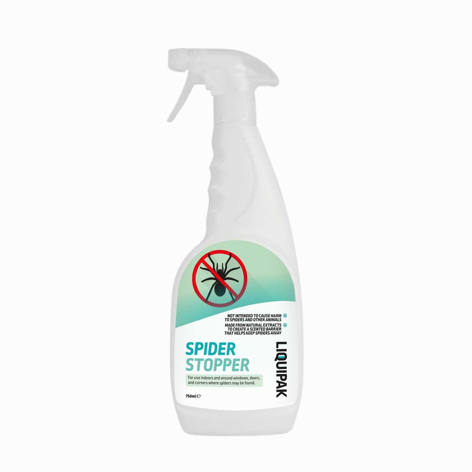 Spray bottle labeled 'Spider Stopper' on a white background. Liquipak Spider Stopper 750ml