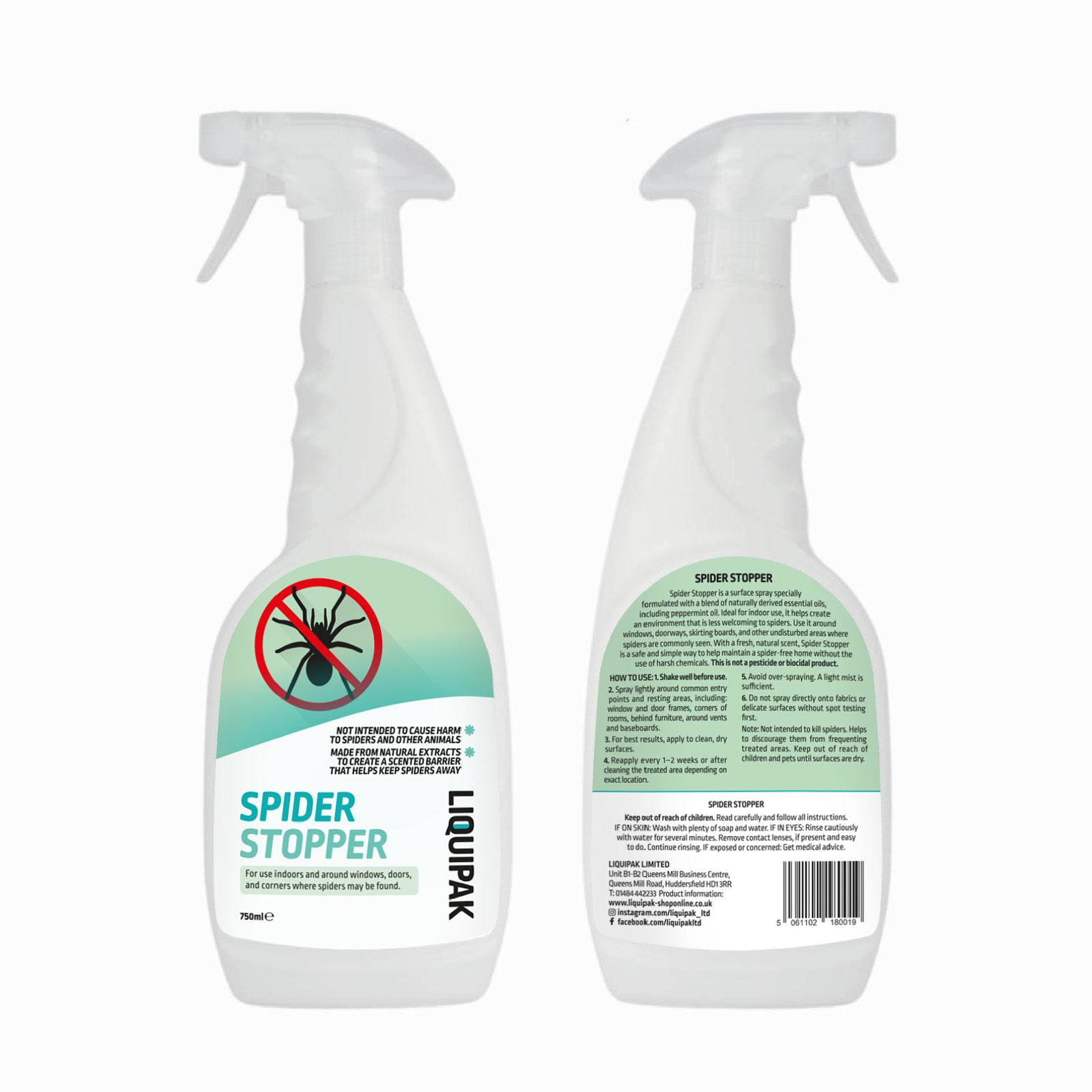 Two bottles of 'Spider Stopper' spray with labels on a white background. Spray bottle labeled 'Spider Stopper' on a white background. Liquipak Spider Stopper 750ml front and back label.