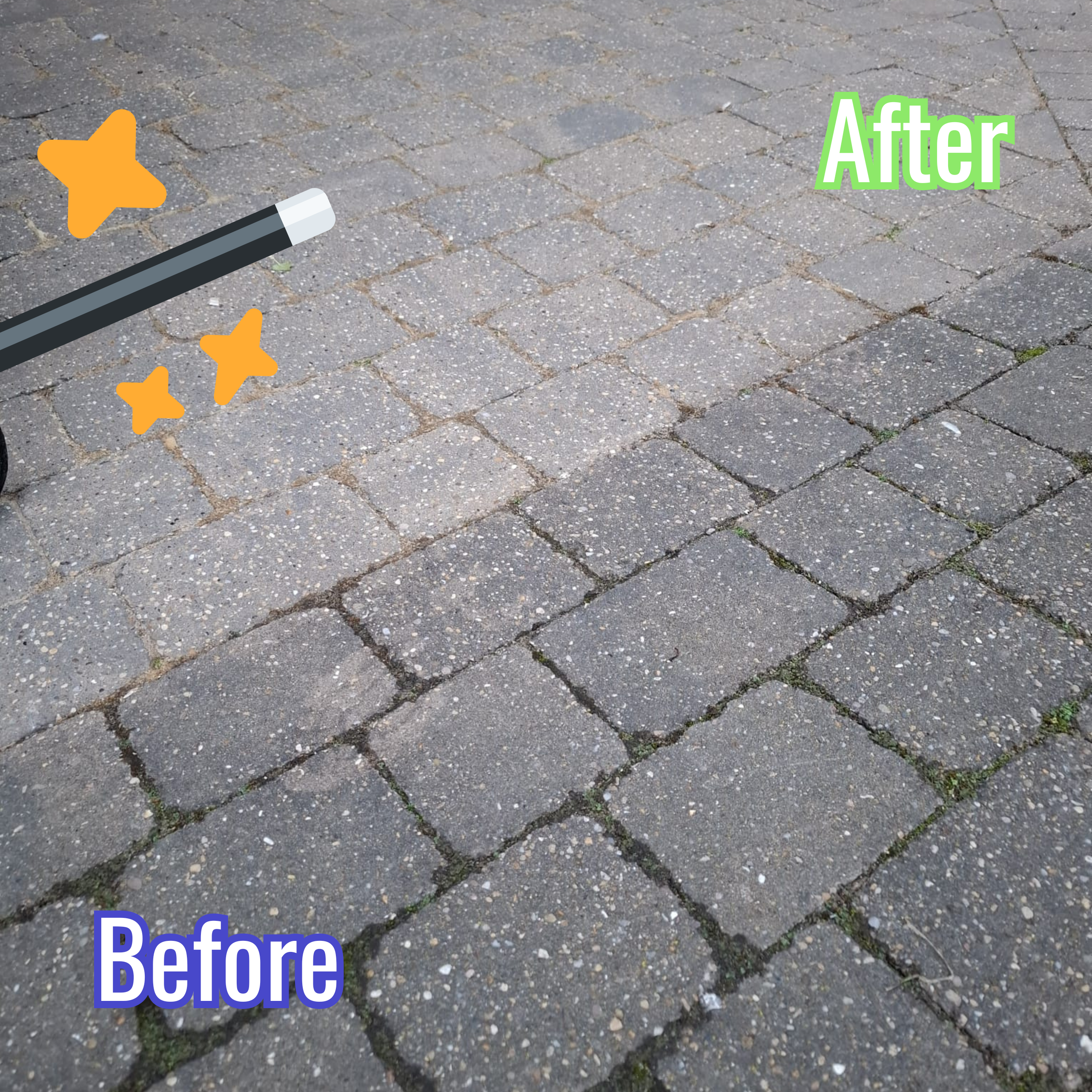 Comparison of a paved area labeled 'Before' and 'After' with Liquipak Magic Patio Cleaner Product