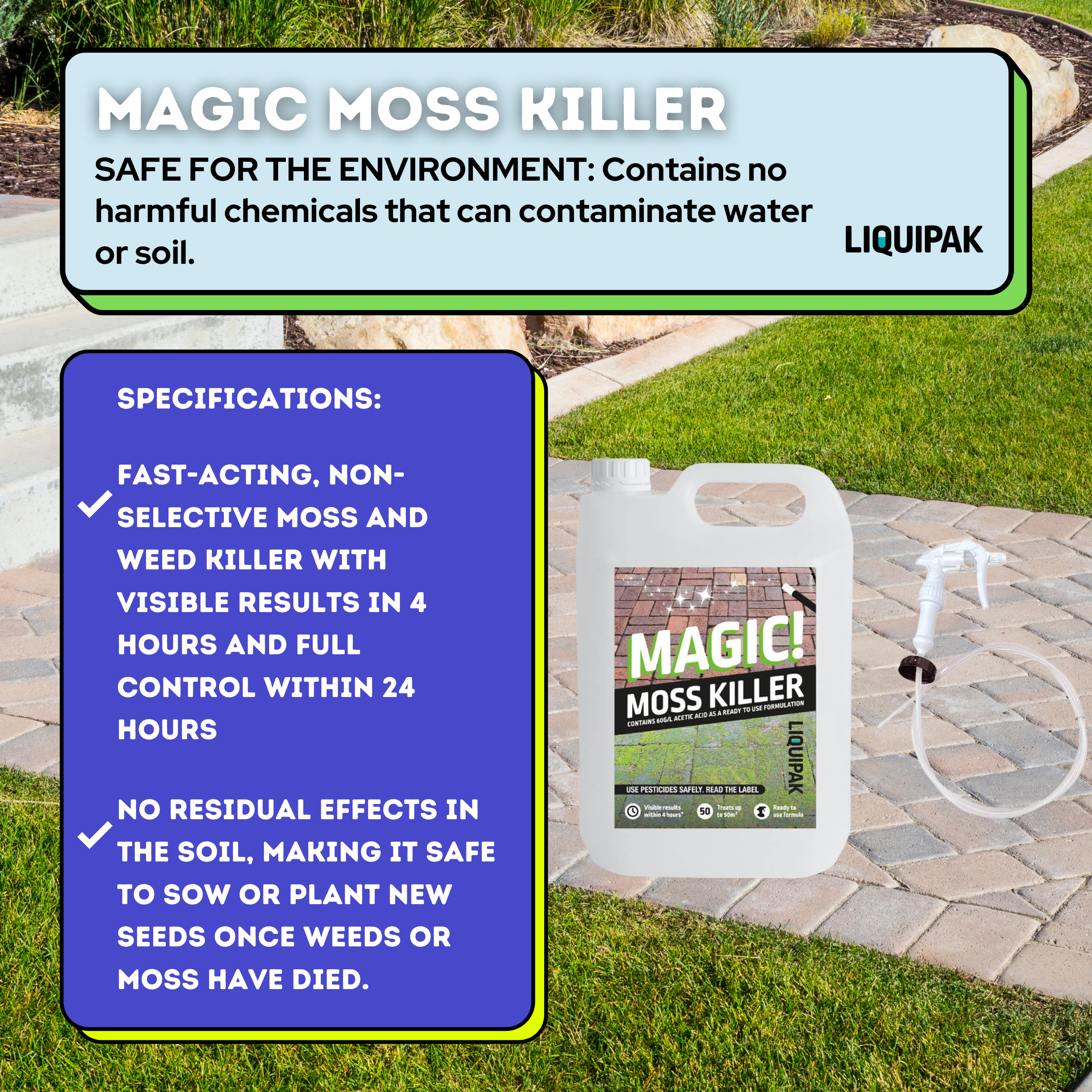 Liquipak Moss Killer – Glyphosate-free weed and moss control with trigger hose, available in 5L, 10L, and 20L ready-to-use containers.
