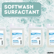 LIQUIPAK Softwash Surfactant containers with a soapy water background