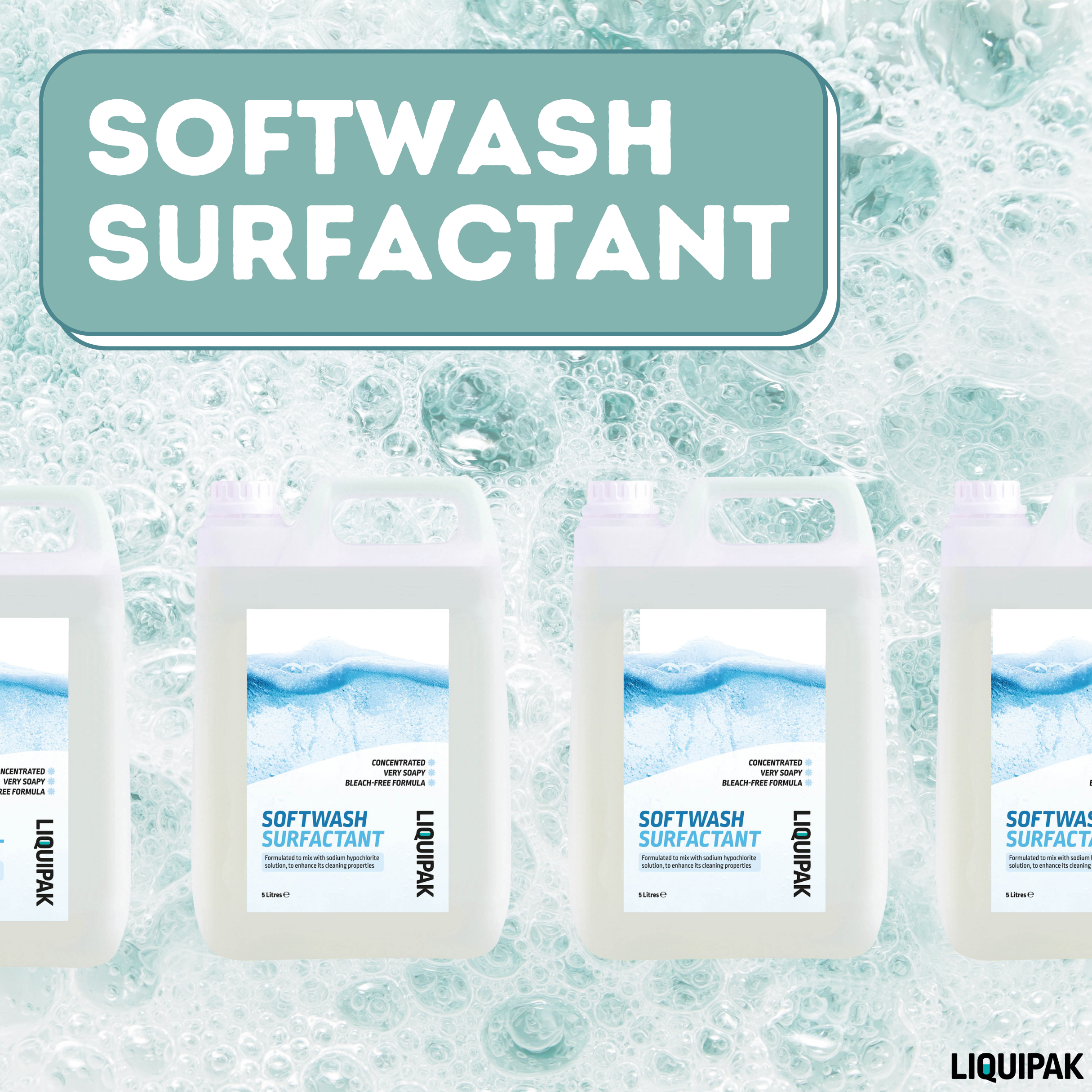 LIQUIPAK Softwash Surfactant containers with a soapy water background