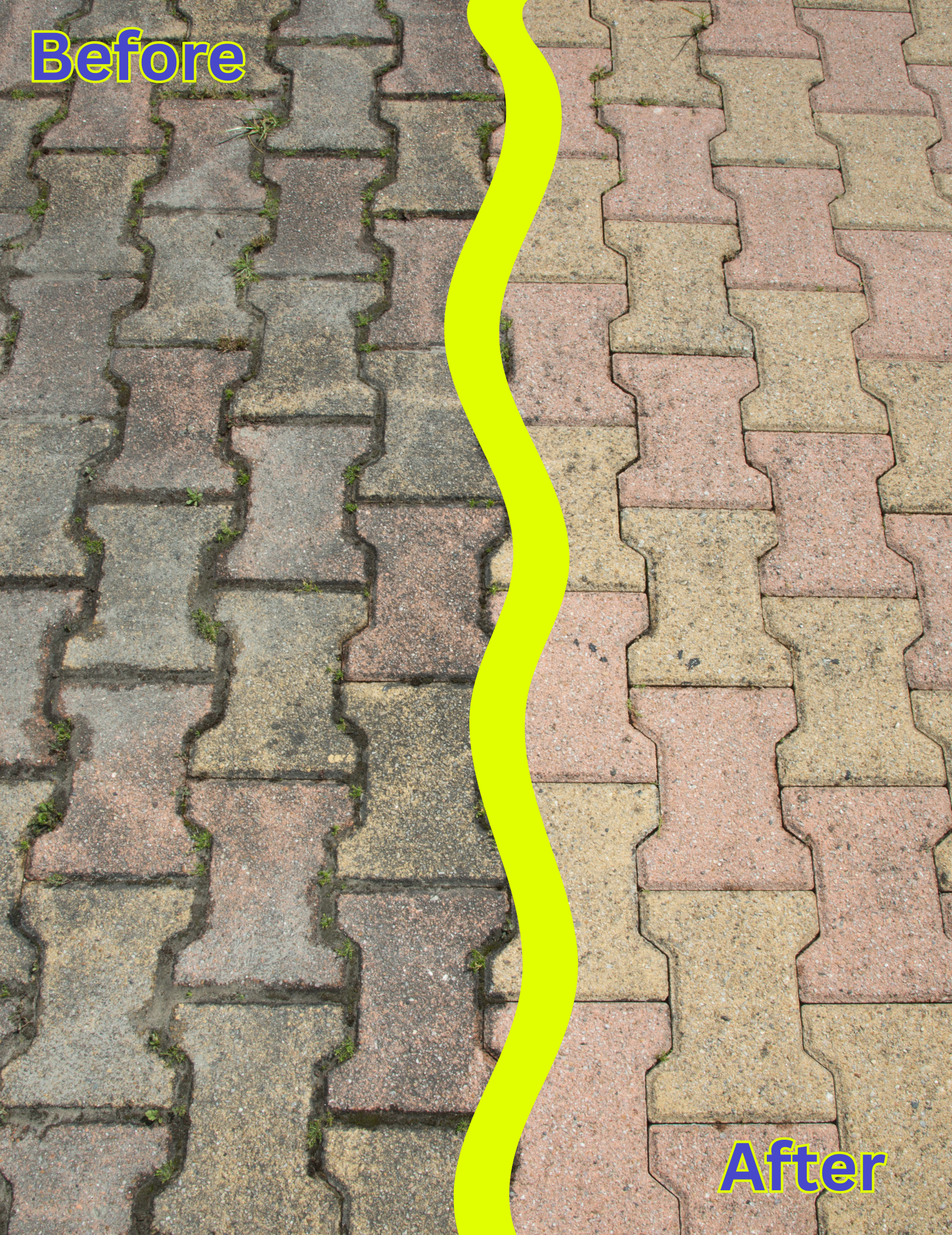 Comparison of a paved road before and after cleaning, with a yellow line indicating the difference.
