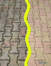 Comparison of a paved road before and after cleaning, with a yellow line indicating the difference.
