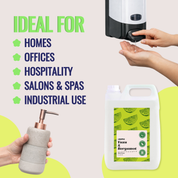 Hand soap dispenser and bottle with text indicating uses for homes, offices, hospitality, salons, spas, and industrial use.